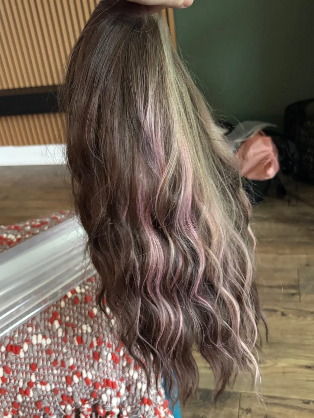 Carkira brown with pink face framing highlights. Petite but fits standard.